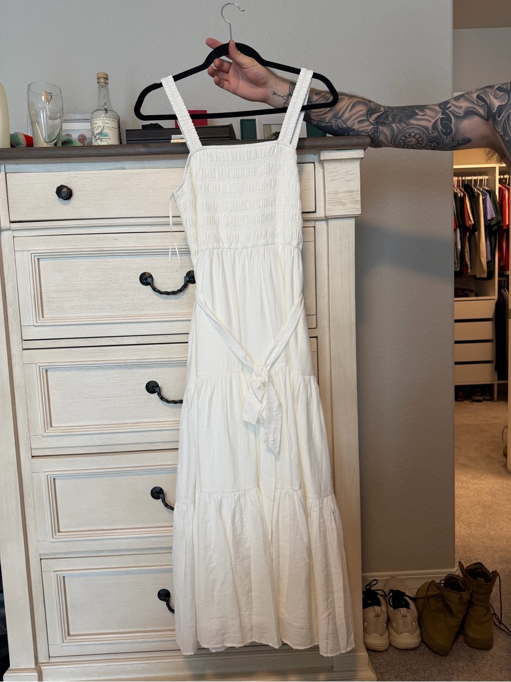 Smocked White Tiered Maxi Dress with Waist Tie
